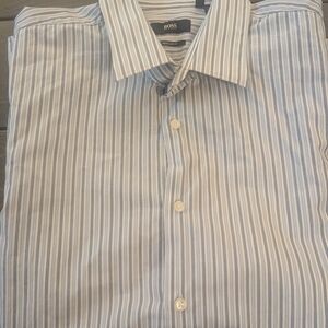 Hugo Boss Regular Fit Blue White Striped Button Down Dress Shirt
